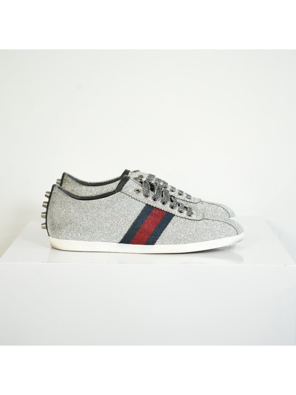 Gucci Silver Glitter Web Sneakers Size 39